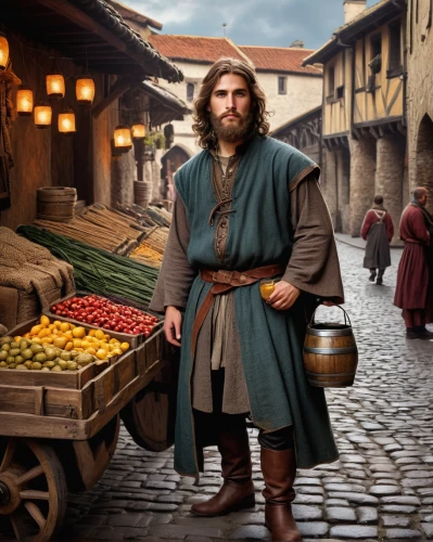 east-european shepherd,biblical narrative characters,peddler,medieval market,greengrocer,cart of apples,fruit market,merchant,thorin,winemaker,apple harvest,dwarf cookin,hobbit,medieval street,vendor,pilgrim,apothecary,the good shepherd,cholent,deliverer,Illustration,Realistic Fantasy,Realistic Fantasy 07