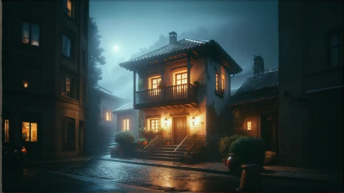 lonely house,wooden houses,evening atmosphere,apartment house,night scene,atmospheric,medieval street,zermatt,alleyway,street scene,bergen,alley,small house,atmosphere,little house,old linden alley,rainy,narrow street,houses,miniature house