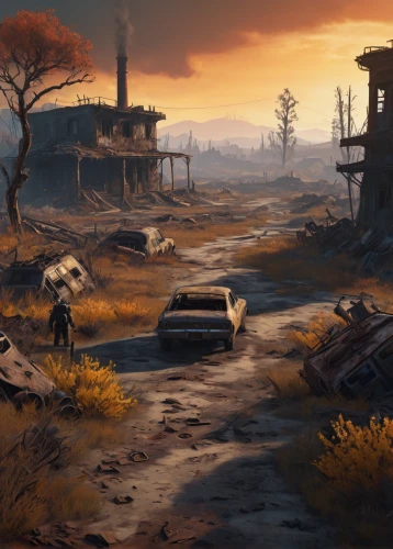 post-apocalyptic landscape,wasteland,post apocalyptic,road forgotten,scorched earth,desolation,desolate,post-apocalypse,fallout4,swampy landscape,game illustration,lostplace,croft,fallout,arid land,concept art,valley of death,ghost town,arid landscape,lost place,Conceptual Art,Sci-Fi,Sci-Fi 22