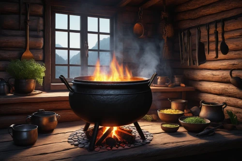 cooking pot,wood-burning stove,wood stove,dwarf cookin,dutch oven,hearth,cauldron,outdoor cooking,log fire,fire bowl,fireside,cookery,stove,fireplaces,wood fire,tin stove,stock pot,portable stove,blacksmith,blackhouse,Art,Artistic Painting,Artistic Painting 48