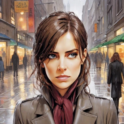 city ​​portrait,sci fiction illustration,walking in the rain,the girl's face,world digital painting,the girl at the station,girl in a long,girl walking away,a pedestrian,oil painting on canvas,woman shopping,pedestrian,in the rain,portrait background,street artist,game illustration,woman walking,mystery book cover,vesper,woman thinking,Digital Art,Comic