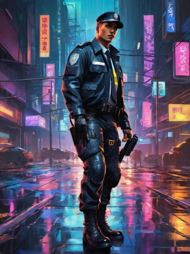 cyberpunk,policeman,mute,officer,police officer,enforcer,hk,pedestrian,dystopian,80s,traffic cop,shanghai,futuristic,dystopia,nypd,sci fiction illustration,police,cyber,patrols,cop,Illustration,Vector,Vector 07