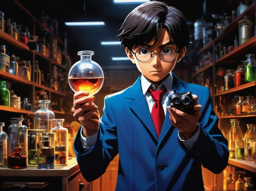 chemist,detective conan,scientist,chemical laboratory,apothecary,erlenmeyer flask,barman,potions,laboratory flask,bartender,laboratory,gin,yukio,reagents,chemical engineer,erlenmeyer,lab,lupin,glass harp,pharmacist,Illustration,Japanese style,Japanese Style 13