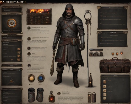 massively multiplayer online role-playing game,apothecary,merchant,blacksmith,quarterstaff,scabbard,templar,gear shaper,the wanderer,aesulapian staff,iron mask hero,hooded man,magic grimoire,archimandrite,gunsmith,male character,assassin,mercenary,witcher,gamekeeper,Illustration,Black and White,Black and White 35