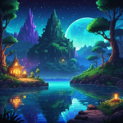 fantasy landscape,cartoon video game background,fairy world,fairy village,fantasy picture,landscape background,fairy forest,an island far away landscape,druid grove,monkey island,enchanted forest,3d fantasy,night scene,mushroom landscape,fantasy world,magical adventure,dream world,moonlit night,dusk background,children's background,Photography,Documentary Photography,Documentary Photography 01