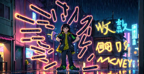 neon,neon sign,neon light,cyberpunk,neon lights,neon colors,neon arrows,neon ghosts,walking in the rain,neon coffee,nico,neon human resources,rain suit,rainy,neon drinks,high-visibility clothing,neon body painting,neon tea,noodle image,in the rain,Anime,Anime,Traditional