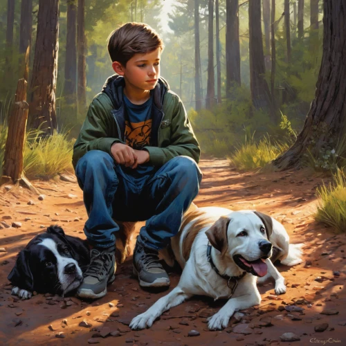 boy and dog,hunting dogs,companion dog,hunting dog,three dogs,child portrait,oil painting,oil painting on canvas,girl with dog,playing dogs,children's background,kid dog,happy children playing in the forest,dog illustration,walking dogs,forest animals,mans best friend,dog playing,outdoor dog,three friends,Conceptual Art,Daily,Daily 01