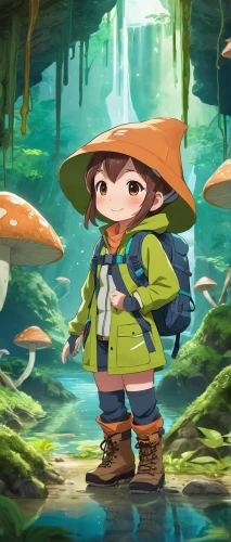 akko,adventurer,dipper,forest fish,mushroom hat,frog background,yo-kai,studio ghibli,mushroom landscape,game illustration,explorer,lingzhi mushroom,mountain guide,forest mushroom,marie leaf,nikko,fishing classes,lake tanuki,mushroom island,mushroom type,Illustration,Japanese style,Japanese Style 01