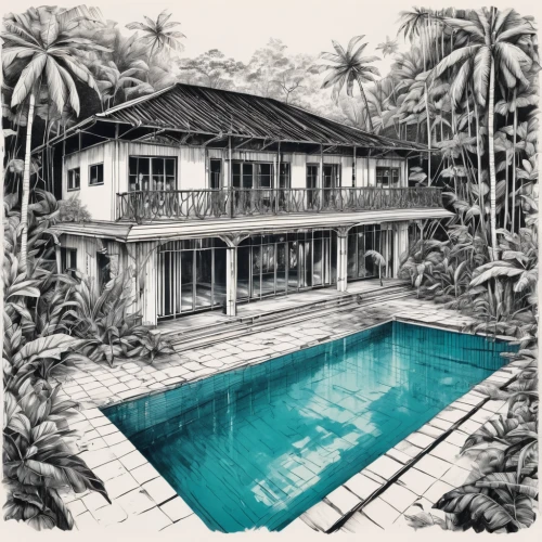tropical house,pool house,holiday villa,seminyak,swimming pool,beach house,house drawing,kohphangan,kerala,holiday complex,chalet,guesthouse,luxury property,beachhouse,ubud,malayan,private house,resort,summer house,residence,Illustration,Black and White,Black and White 34