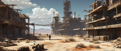 wasteland,post-apocalyptic landscape,destroyed city,industrial landscape,barren,post apocalyptic,refinery,ancient city,futuristic landscape,fallout4,industrial ruin,ruin,desolation,mining facility,desolate,the desert,desert landscape,concept art,ruins,desert desert landscape,Art,Artistic Painting,Artistic Painting 44