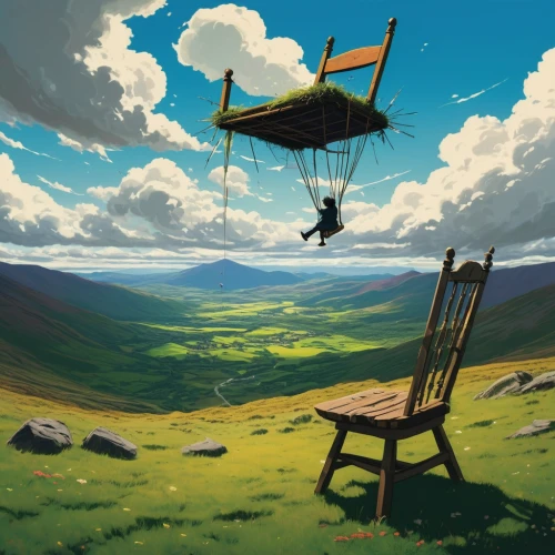 chairlift,hang glider,hang-glider,chair in field,empty swing,powered hang glider,wooden swing,cablecar,hang gliding,garden swing,chair and umbrella,camping chair,studio ghibli,swing set,hanging swing,golden swing,world digital painting,harness-paraglider,seesaw,gondola lift,Illustration,Realistic Fantasy,Realistic Fantasy 36