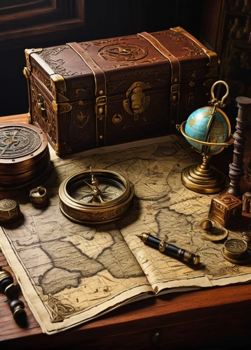treasure map,treasure chest,terrestrial globe,orrery,magic grimoire,watchmaker,divination,antiquariat,treasure hunt,wooden box,clockmaker,magnetic compass,magic book,old world map,book antique,potions,treasures,sextant,cartography,eight treasures,Illustration,American Style,American Style 03