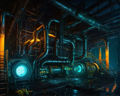 engine room,mining facility,heavy water factory,industrial tubes,sci fiction illustration,refinery,industrial landscape,chemical plant,metallurgy,tubes,industrial plant,industrial,pipes,industries,submersible,the boiler room,machinery,powerplant,yellow machinery,transistor checking,Illustration,American Style,American Style 11