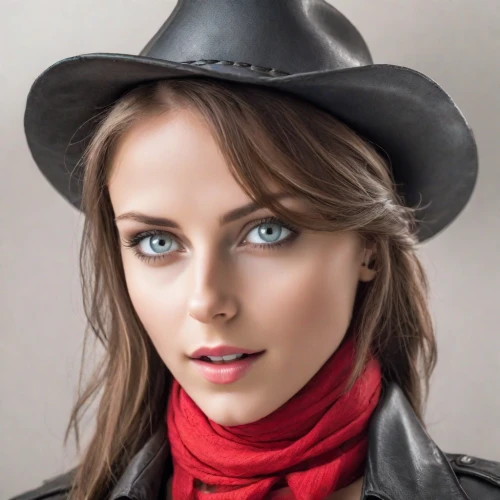leather hat,brown hat,girl wearing hat,the hat-female,beret,black hat,cowboy hat,cowgirl,woman's hat,pointed hat,women's hat,portrait photographers,red coat,red hat,portrait photography,hat,female model,fedora,the hat of the woman,stetson,Photography,Realistic
