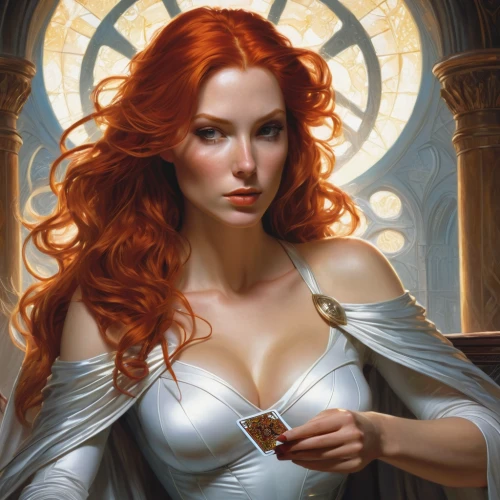 fantasy portrait,sorceress,celtic woman,fantasy woman,fantasy art,redheads,red-haired,priestess,romantic portrait,transistor,fantasy picture,the enchantress,celtic queen,merida,heroic fantasy,red head,baroque angel,mystical portrait of a girl,angel moroni,redheaded,Illustration,Realistic Fantasy,Realistic Fantasy 03
