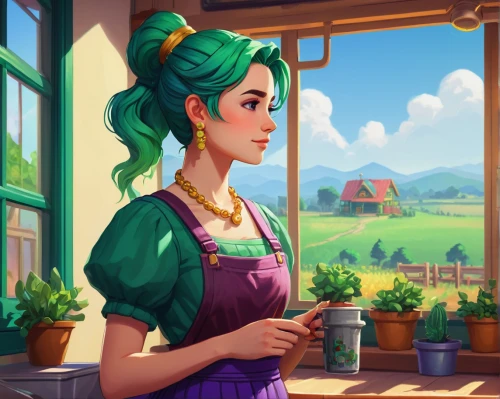 coffee tea illustration,milkmaid,woman at cafe,farm background,tearoom,game illustration,coffee background,summer evening,farm girl,woman drinking coffee,coffee shop,girl in the kitchen,country dress,bakery,springtime background,farm set,merchant,coffee tea drawing,spring morning,pouring tea,Illustration,Realistic Fantasy,Realistic Fantasy 15