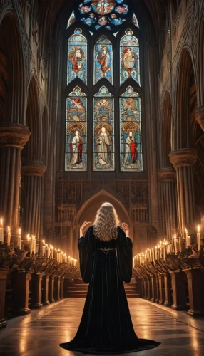 choir master,gothic portrait,gothic architecture,haunted cathedral,choral,house of prayer,holy places,gothic style,hall of the fallen,choir,stained glass windows,woman praying,praying woman,sanctuary,benediction of god the father,celtic woman,notre dame,man praying,benedictine,hymn book,Illustration,Black and White,Black and White 25