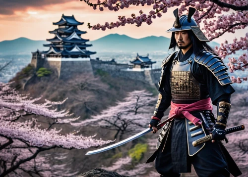 yi sun sin,korean history,samurai,shuanghuan noble,korean drama,panokseon,mulan,korean culture,japanese sakura background,osaka castle,samurai fighter,swordsman,sejong-ro,kdrama,forbidden palace,digital compositing,haegen,jeongol,theatrical scenery,fantasy picture,Illustration,Realistic Fantasy,Realistic Fantasy 46