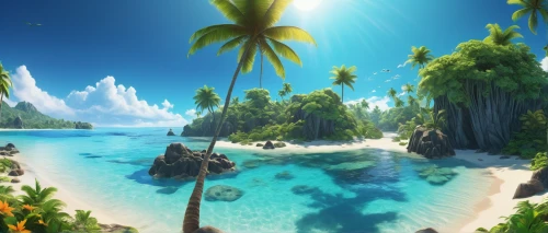 tropical island,tropical beach,tropical sea,coconut trees,dream beach,an island far away landscape,south pacific,cartoon video game background,ocean paradise,java island,coconut tree,underwater oasis,caribbean beach,island suspended,paradise beach,beach landscape,summer background,south seas,islands,landscape background,Conceptual Art,Sci-Fi,Sci-Fi 12