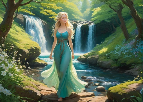 celtic woman,fantasy picture,fantasy art,the blonde in the river,water nymph,fantasy portrait,green waterfall,faerie,mermaid background,merfolk,celtic queen,bridal veil fall,elsa,water fall,waterfall,elven,enchanting,fantasy woman,fantasia,bridal veil,Illustration,Realistic Fantasy,Realistic Fantasy 16