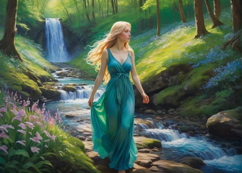 the blonde in the river,celtic woman,oil painting on canvas,fantasy picture,oil painting,fantasy art,elsa,girl in a long dress,girl on the river,oil on canvas,elven forest,fantasy portrait,woman at the well,water nymph,rusalka,faerie,elven,world digital painting,bridal veil fall,cascading,Illustration,Realistic Fantasy,Realistic Fantasy 30