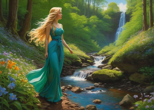 fantasy picture,celtic woman,fantasy art,elsa,fairytale,a fairy tale,enchanting,the blonde in the river,elven forest,fairy tale,fantasy landscape,girl in a long dress,fantasy portrait,enchanted,faerie,landscape background,rapunzel,elven,faery,celtic queen,Illustration,Realistic Fantasy,Realistic Fantasy 32