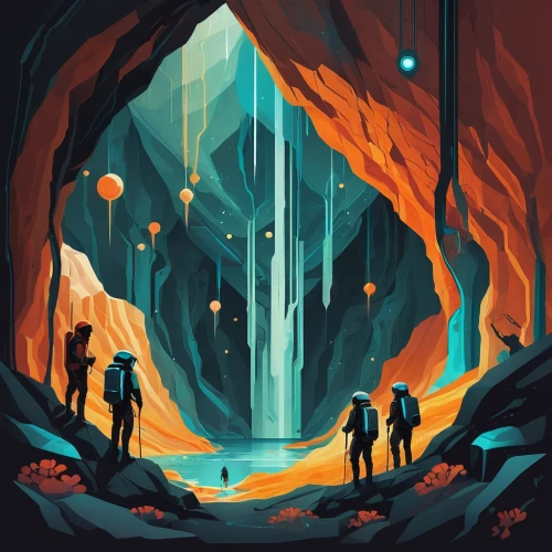 chasm,guards of the canyon,cave tour,travelers,exploration,sci fiction illustration,cave,ice cave,glacier cave,fallen giants valley,alien world,stalagmite,futuristic landscape,sea caves,pit cave,descent,blue caves,dungeons,blue cave,the blue caves,Illustration,Vector,Vector 08