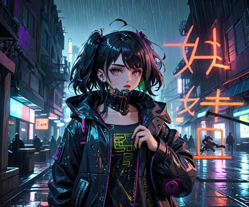 cyberpunk,rainy,walking in the rain,in the rain,shibuya,nico,anime japanese clothing,cyber,neon light,neon,raincoat,shinjuku,blue rain,rain,parka,tokyo city,stray,harajuku,weather-beaten,rain suit,Anime,Anime,General