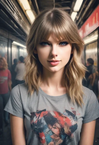 swifts,the girl at the station,girl-in-pop-art,subway station,superhero background,denim background,isolated t-shirt,girl in t-shirt,tshirt,hollywood metro station,edit icon,photo shoot with edit,3d background,digital compositing,concrete background,photographic background,photo manipulation,image editing,metro station,blond girl,Photography,Realistic