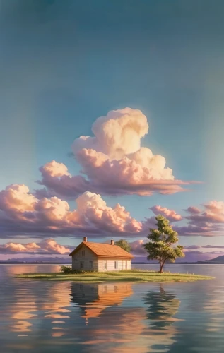 house with lake,an island far away landscape,landscape background,fisherman's house,thimble islands,home landscape,world digital painting,coastal landscape,islet,summer cottage,fantasy landscape,sea landscape,japan landscape,floating huts,floating island,fisherman's hut,house by the water,lonely house,boathouse,cottage