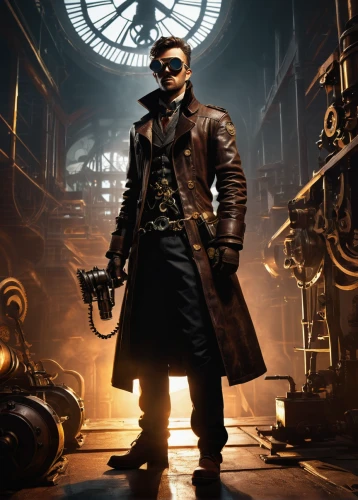 steampunk,clockmaker,watchmaker,engineer,trench coat,steampunk gears,ship doctor,clockwork,the doctor,frock coat,cinematographer,rorschach,detective,gunsmith,3d man,game illustration,spy,steam icon,inspector,play escape game live and win,Conceptual Art,Oil color,Oil Color 02