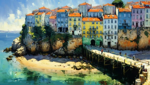 seaside resort,dubrovnic,coastal landscape,cascais,monaco,sea landscape,south france,dubrovnik,island of rab,fishing village,french digital background,dubrovnik city,world digital painting,beach landscape,france,house by the water,tenby,house of the sea,seaside view,breizh,Art,Classical Oil Painting,Classical Oil Painting 17