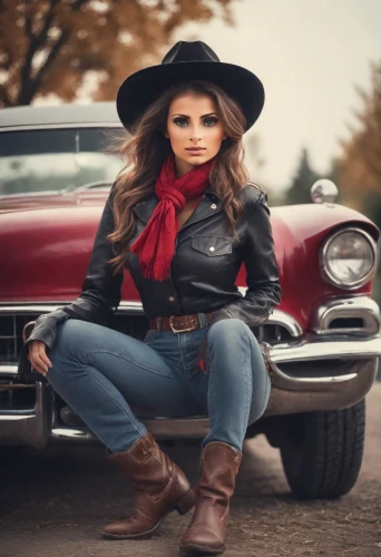 countrygirl,leather hat,country style,rockabilly style,red vintage car,country song,rockabilly,vintage woman,retro woman,car model,pickup-truck,leather boots,vintage car,vintage style,ford truck,chevrolet el camino,vintage girl,pickup truck,vintage vehicle,cowgirl,Photography,Cinematic