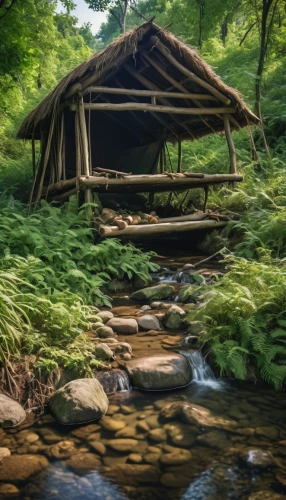 log bridge,water mill,cooling house,covered bridge,fishing tent,korean folk village,straw hut,log home,water wheel,wooden hut,log cabin,tent at woolly hollow,japan landscape,wooden sauna,south korea,ryokan,fisherman's house,fisherman's hut,house in the forest,wooden bridge,Photography,General,Realistic