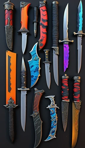 knives,weapons,hunting knife,swords,bowie knife,knife,assortment,knife kitchen,collection of ties,quiver,collected game assets,kitchenknife,blades,tribal arrows,dane axe,other items,wall,kit,japanese items,items,Illustration,Black and White,Black and White 23