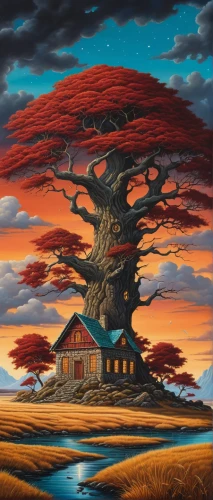 mushroom landscape,tree house,tangerine tree,surrealism,arizona cypress,red tree,isolated tree,burning tree trunk,lone tree,celtic tree,the japanese tree,magic tree,treehouse,tree of life,dragon tree,home landscape,witch's house,painted tree,the roots of trees,red juniper