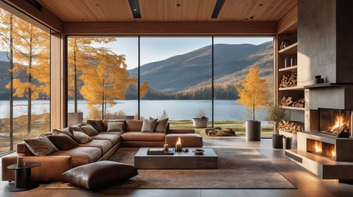 modern living room,autumn decor,fire place,the cabin in the mountains,corten steel,living room,livingroom,modern decor,fireplaces,beautiful home,interior modern design,autumn decoration,house by the water,house in the mountains,autumn motive,interior design,chalet,luxury home interior,lago grey,lake view,Photography,General,Realistic