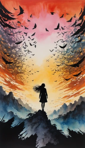 silhouette art,eagle silhouette,crow in silhouette,map silhouette,silhouette,murder of crows,art silhouette,rising sun,howl,silhouette against the sky,dusk background,violet evergarden,jrr tolkien,king of the ravens,lone warrior,the horizon,house silhouette,crow queen,bird in the sky,autumn sky,Illustration,Realistic Fantasy,Realistic Fantasy 03