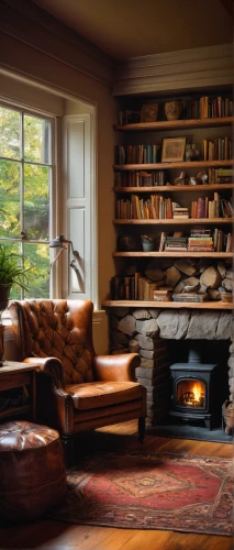 bookshelves,reading room,fireplaces,fireplace,fire place,sitting room,family room,bookcase,livingroom,living room,chaise lounge,bookshelf,home interior,book wall,wood stove,the living room of a photographer,search interior solutions,warm and cozy,great room,interior decor,Illustration,American Style,American Style 11