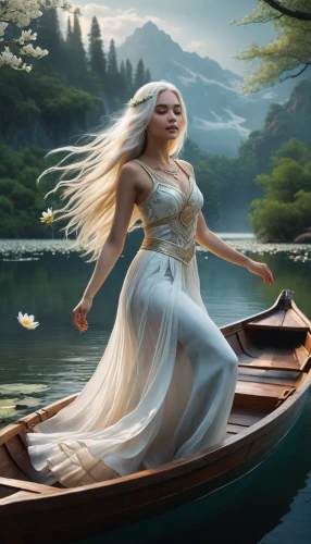 fantasy picture,girl on the boat,the blonde in the river,celtic harp,celtic woman,girl on the river,fantasy art,swan boat,canoeing,celtic queen,world digital painting,mermaid background,heroic fantasy,fantasy portrait,white rose snow queen,boat landscape,rowboat,canoe,rusalka,rowboats,Photography,General,Fantasy