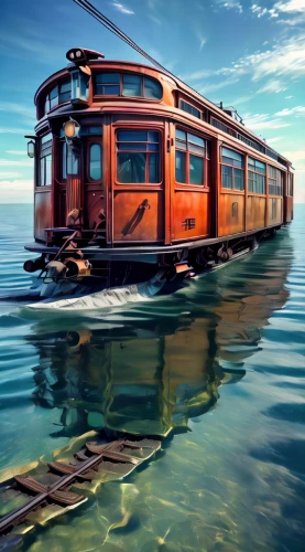 railroad car,railway carriage,abandoned boat,wooden train,water taxi,trolley train,water transportation,electric train,train car,water bus,houseboat,rail car,floating restaurant,wooden boat,glacier express,lake freighter,floating huts,the lisbon tram,long-distance train,express train