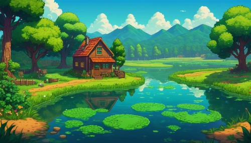 house with lake,home landscape,summer cottage,landscape background,little house,small cabin,lonely house,house in the forest,swampy landscape,cottage,small house,house by the water,small landscape,idyllic,mushroom landscape,cartoon video game background,world digital painting,pond,frog background,fantasy landscape,Illustration,Paper based,Paper Based 03