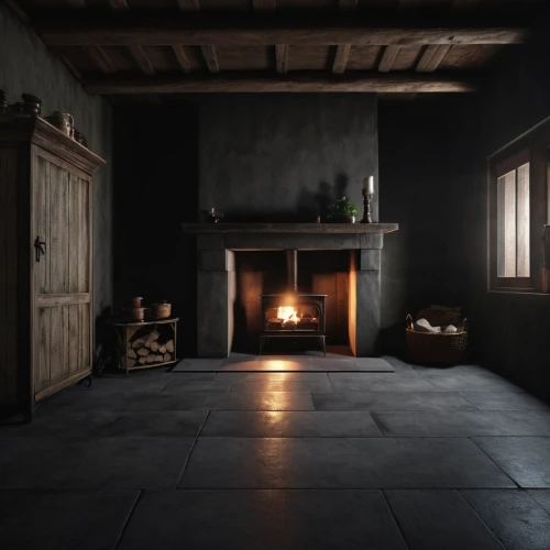 fireplaces,fireplace,dark cabinetry,wood-burning stove,fire place,wood stove,wooden floor,fire in fireplace,dark cabinets,tile kitchen,hearth,clay floor,blackhouse,ceramic floor tile,masonry oven,gas stove,wood floor,floor tiles,hardwood floors,a dark room,Photography,General,Realistic