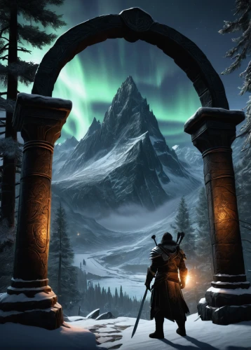 stargate,skyrim,northrend,the northern lights,northern light,northernlight,portal,northen lights,thermokarst,auroras,hall of the fallen,games of light,northern lights,aurora borealis,green aurora,archway,snow ring,northen light,polar lights,norther lights,Illustration,Black and White,Black and White 09