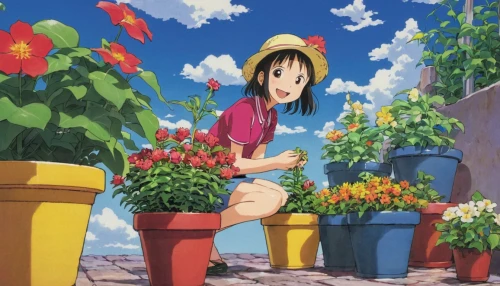 girl picking flowers,girl in flowers,gardening,picking flowers,potted flowers,falling flowers,芦ﾉ湖,beautiful girl with flowers,paprika bush,flowerpot,flower painting,flower box,holding flowers,potted plants,flower pot,cartoon flowers,flower stand,floral greeting,flower background,flower delivery,Illustration,Japanese style,Japanese Style 05