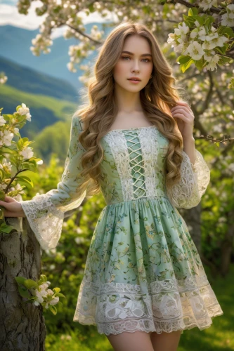 celtic woman,springtime background,spring background,celtic queen,faerie,birch tree background,girl in flowers,doll dress,linden blossom,faery,enchanting,country dress,beautiful girl with flowers,fairy queen,apple blossoms,pear blossom,miss circassian,spring nature,spring equinox,mint blossom,Illustration,American Style,American Style 07