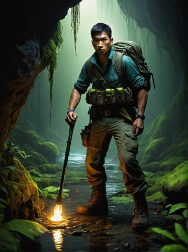 biologist,adventurer,explorer,mountain guide,cave tour,raft guide,cargo pants,caving,janitor,indiana jones,game illustration,aaa,cg artwork,twitch icon,ranger,patrol,cave man,hiker,the wanderer,guide book,Conceptual Art,Daily,Daily 10