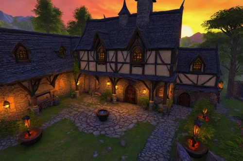 devilwood,knight village,tavern,medieval town,escher village,druid grove,witch's house,castle iron market,townhouses,medieval architecture,medieval street,guild,northrend,old village,aurora village,wine tavern,farmstead,cottages,traditional house,witch house,Illustration,Abstract Fantasy,Abstract Fantasy 16