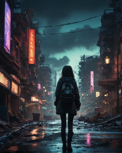 cyberpunk,girl walking away,kowloon,kowloon city,world digital painting,shinjuku,post apocalyptic,shibuya,dystopian,taipei,shanghai,destroyed city,tokyo city,weather-beaten,wuhan''s virus,walking in the rain,apocalyptic,dystopia,post-apocalyptic landscape,tokyo,Photography,General,Fantasy