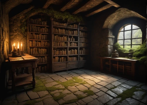 apothecary,dandelion hall,bookshelves,abandoned room,witch's house,study room,collected game assets,bookworm,candlemaker,ancient house,attic,potions,games of light,old library,parchment,bookcase,a dark room,reading room,cellar,scholar,Illustration,Realistic Fantasy,Realistic Fantasy 23